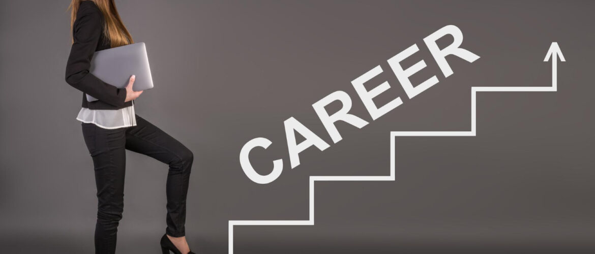 A business woman is climbing the stairs of career ladder