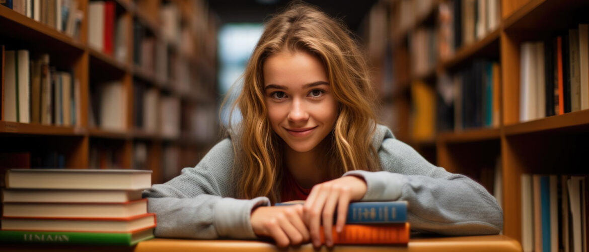 Female student sitting in front of book shelves in college library